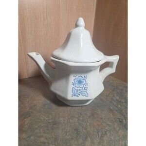 Avon Ceramic Teapot Octagonal Shape White Blue Floral Design 1970s Vintage
